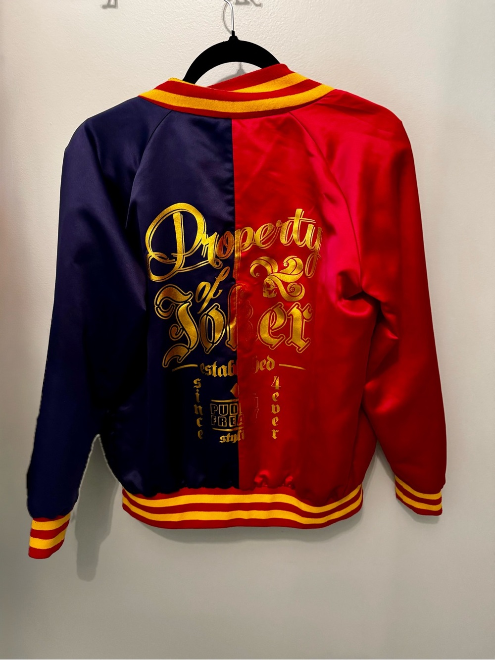 Harley Quinn Satin Bomber Jacket - Red & Navy with Gold Script